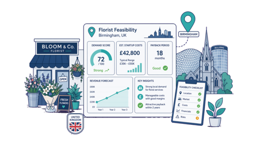 Florist planning illustration for Birmingham with a map pin and feasibility dashboard