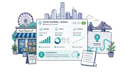 Florist planning illustration for Brisbane with a map pin and feasibility dashboard