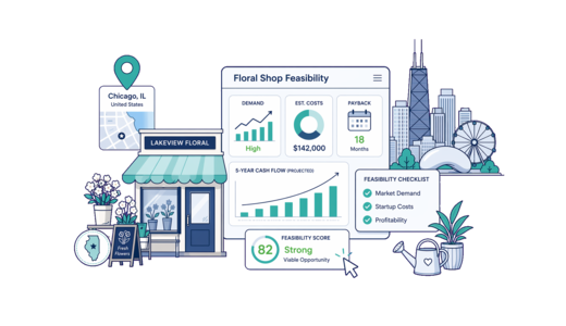 Florist planning illustration for Chicago with a map pin and feasibility dashboard