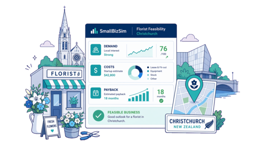 Florist planning illustration for Christchurch with a map pin and feasibility dashboard