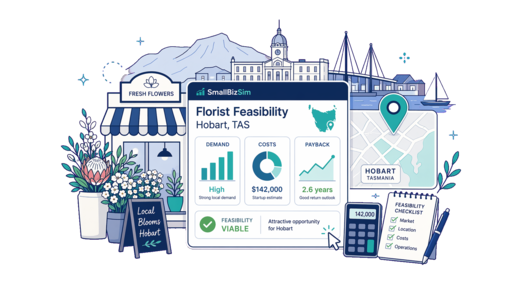 Florist planning illustration for Hobart with a map pin and feasibility dashboard