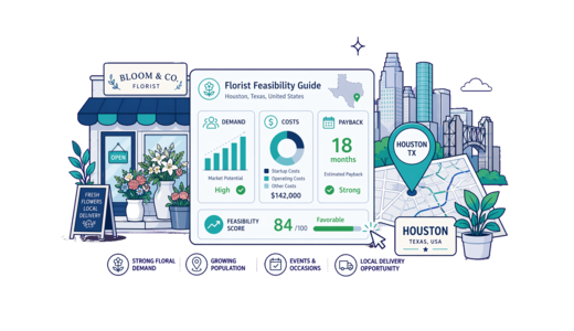 Florist planning illustration for Houston with a map pin and feasibility dashboard