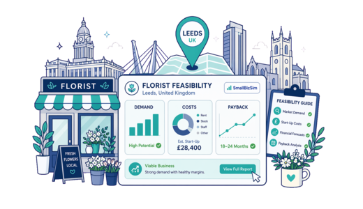 Florist planning illustration for Leeds with a map pin and feasibility dashboard
