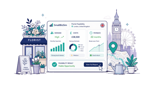 Florist planning illustration for London with a map pin and feasibility dashboard