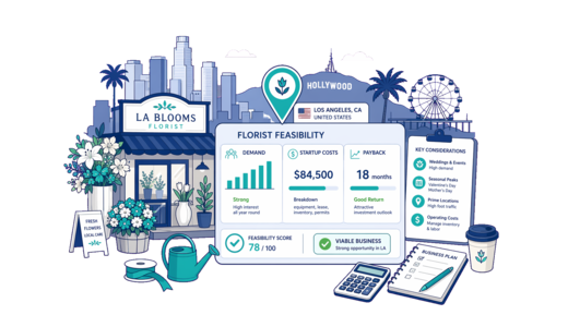 Florist planning illustration for Los Angeles with a map pin and feasibility dashboard