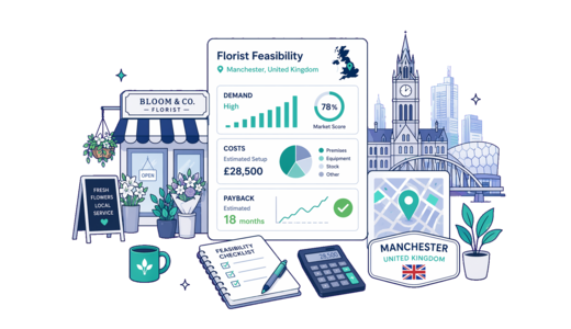 Florist planning illustration for Manchester with a map pin and feasibility dashboard