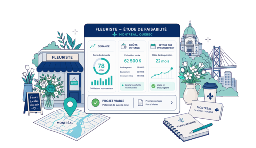 Florist planning illustration for Montreal with a map pin and feasibility dashboard