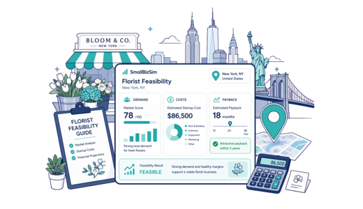 Florist planning illustration for New York with a map pin and feasibility dashboard
