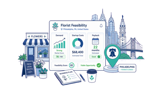 Florist planning illustration for Philadelphia with a map pin and feasibility dashboard