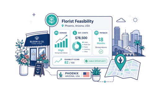 Florist planning illustration for Phoenix with a map pin and feasibility dashboard