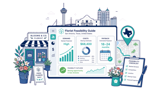 Florist planning illustration for San Antonio with a map pin and feasibility dashboard