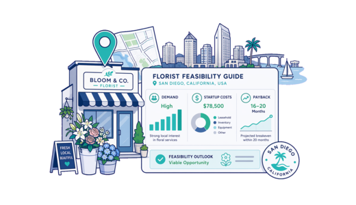 Florist planning illustration for San Diego with a map pin and feasibility dashboard