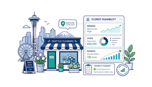 Florist planning illustration for Seattle with a map pin and feasibility dashboard
