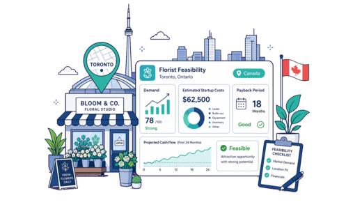 Florist planning illustration for Toronto with a map pin and feasibility dashboard