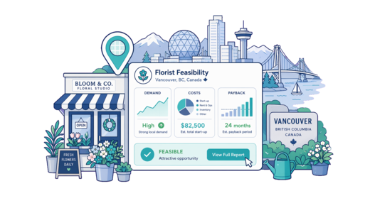 Florist planning illustration for Vancouver with a map pin and feasibility dashboard