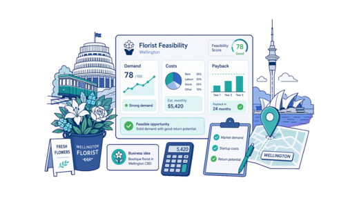 Florist planning illustration for Wellington with a map pin and feasibility dashboard