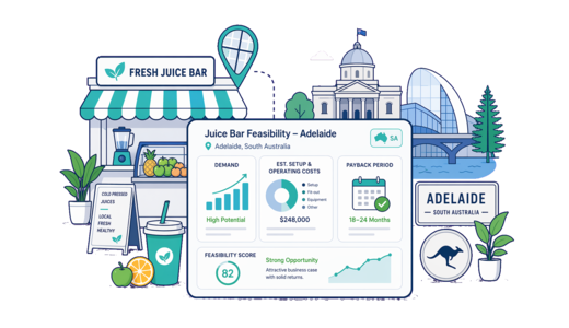 Fresh Juice Bar planning illustration for Adelaide with a map pin and feasibility dashboard
