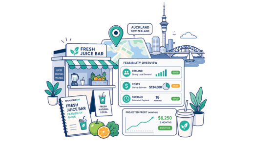 Fresh Juice Bar planning illustration for Auckland with a map pin and feasibility dashboard