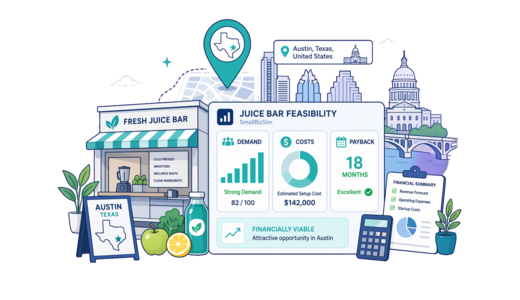 Fresh Juice Bar planning illustration for Austin with a map pin and feasibility dashboard