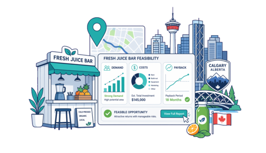 Fresh Juice Bar planning illustration for Calgary with a map pin and feasibility dashboard