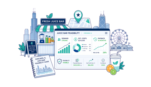 Fresh Juice Bar planning illustration for Chicago with a map pin and feasibility dashboard