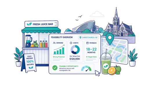 Fresh Juice Bar planning illustration for Christchurch with a map pin and feasibility dashboard