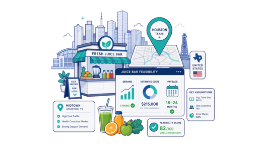 Fresh Juice Bar planning illustration for Houston with a map pin and feasibility dashboard