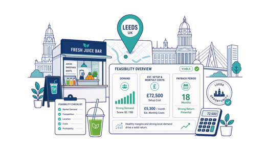 Fresh Juice Bar planning illustration for Leeds with a map pin and feasibility dashboard