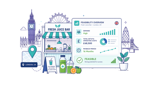 Fresh Juice Bar planning illustration for London with a map pin and feasibility dashboard