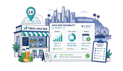 Fresh Juice Bar planning illustration for Los Angeles with a map pin and feasibility dashboard