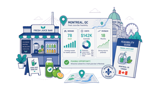 Fresh Juice Bar planning illustration for Montreal with a map pin and feasibility dashboard