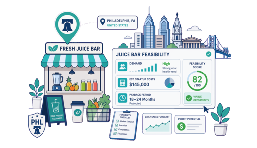 Fresh Juice Bar planning illustration for Philadelphia with a map pin and feasibility dashboard