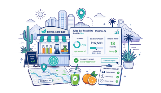 Fresh Juice Bar planning illustration for Phoenix with a map pin and feasibility dashboard