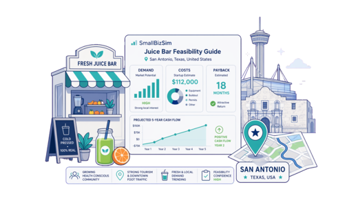 Fresh Juice Bar planning illustration for San Antonio with a map pin and feasibility dashboard