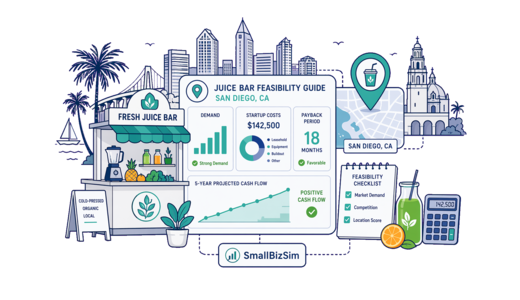 Fresh Juice Bar planning illustration for San Diego with a map pin and feasibility dashboard