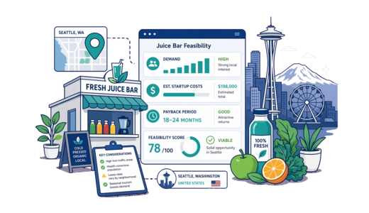 Fresh Juice Bar planning illustration for Seattle with a map pin and feasibility dashboard