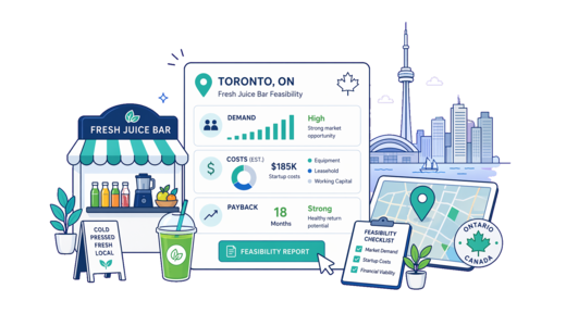 Fresh Juice Bar planning illustration for Toronto with a map pin and feasibility dashboard