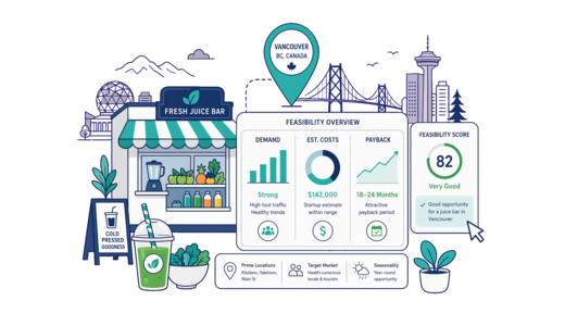Fresh Juice Bar planning illustration for Vancouver with a map pin and feasibility dashboard