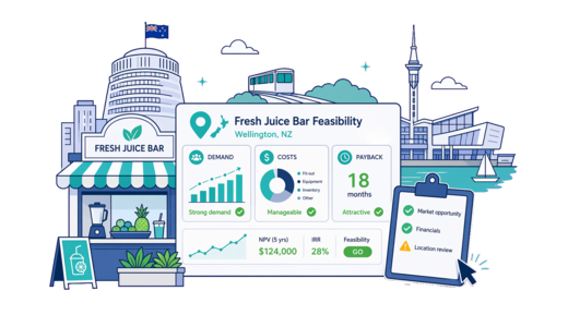 Fresh Juice Bar planning illustration for Wellington with a map pin and feasibility dashboard