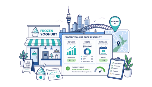Frozen Yoghurt Shop planning illustration for Auckland with a map pin and feasibility dashboard