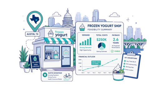 Frozen Yoghurt Shop planning illustration for Austin with a map pin and feasibility dashboard