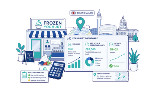 Frozen Yoghurt Shop planning illustration for Birmingham with a map pin and feasibility dashboard