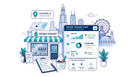 Frozen Yoghurt Shop planning illustration for Chicago with a map pin and feasibility dashboard