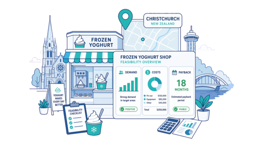 Frozen Yoghurt Shop planning illustration for Christchurch with a map pin and feasibility dashboard