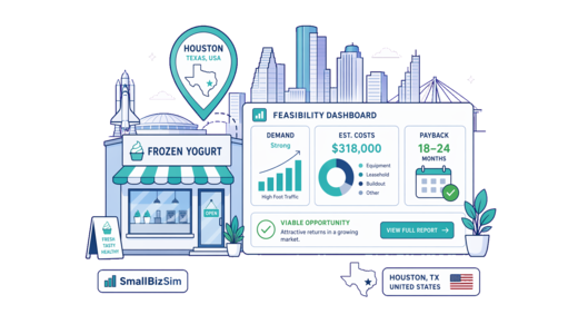 Frozen Yoghurt Shop planning illustration for Houston with a map pin and feasibility dashboard