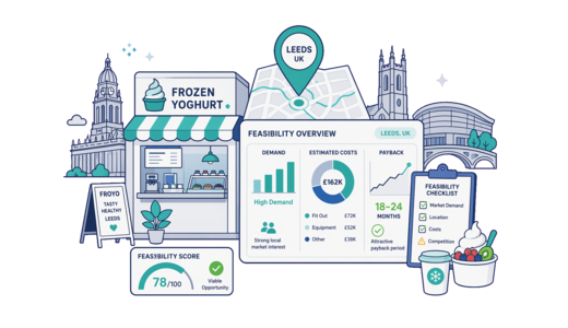 Frozen Yoghurt Shop planning illustration for Leeds with a map pin and feasibility dashboard