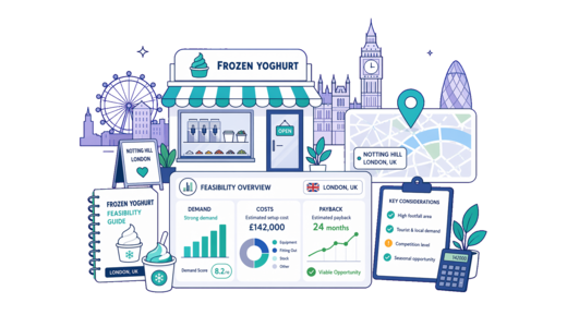 Frozen Yoghurt Shop planning illustration for London with a map pin and feasibility dashboard