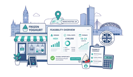 Frozen Yoghurt Shop planning illustration for Manchester with a map pin and feasibility dashboard