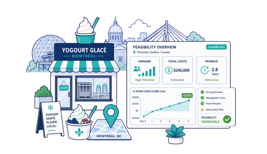 Frozen Yoghurt Shop planning illustration for Montreal with a map pin and feasibility dashboard