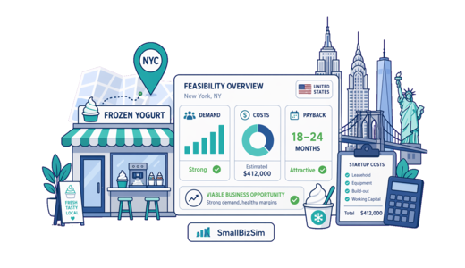 Frozen Yoghurt Shop planning illustration for New York with a map pin and feasibility dashboard